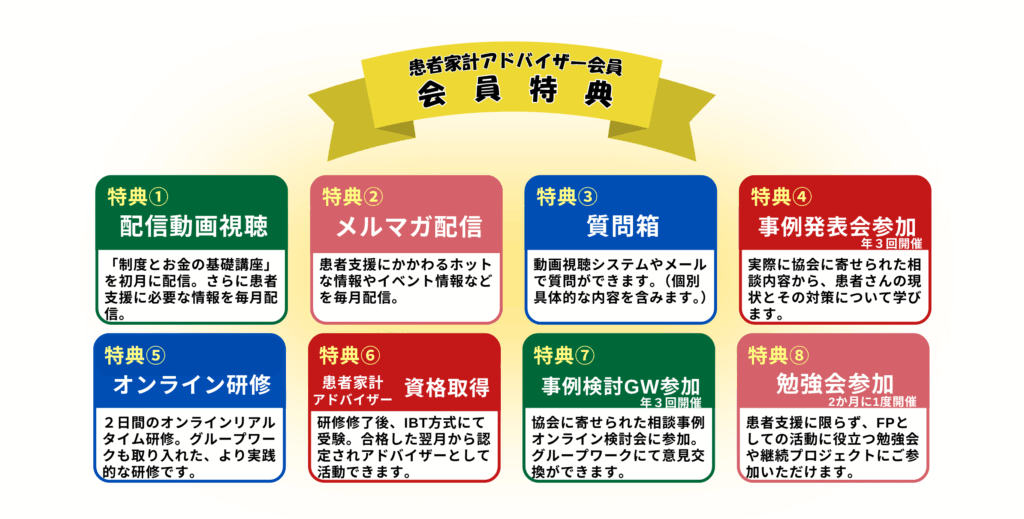 患者家計アドバイザー会員限定の特典として、事例グループワークや勉強会があります。