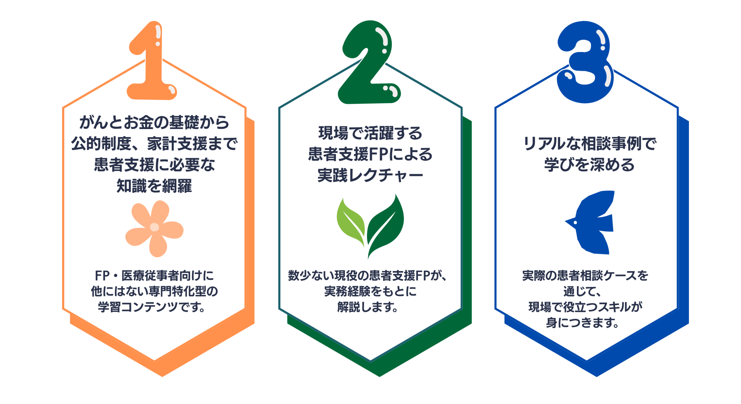 がんとお金の相談実務学習の3つの特長：1. 公的制度から家計支援まで網羅した知識、2. 現場で活躍する患者支援FPによる実践レクチャー、3. 実際の相談事例で学びを深める。